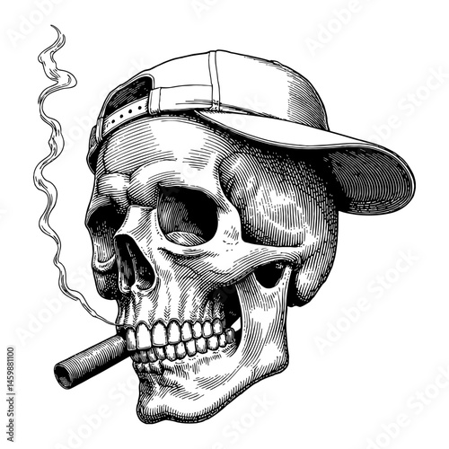 Skull Wearing Snapback and Smoking Cigar Black and White Outline Line Art Drawing