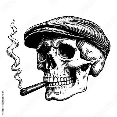 Skull Wearing Flat Cap and Smoking Cigar Black and White Outline Line Art Drawing Illustration