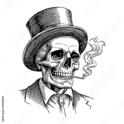 Skull Wearing Top Hat and Smoking Cigar in Vintage Style Black and White Outline Line Art Drawing