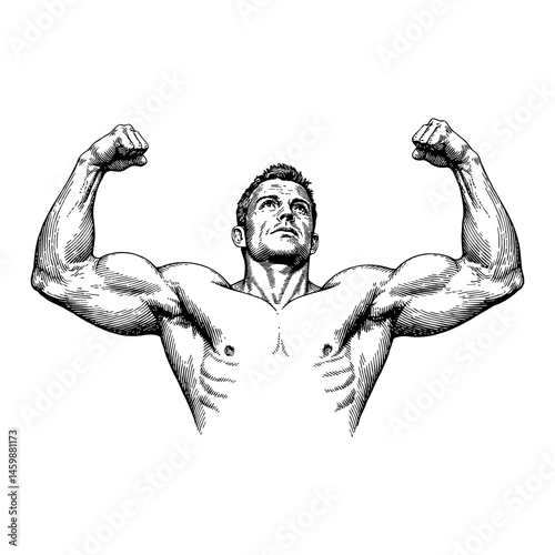 Strong Man Flexing Biceps Showing Muscular Strength Black and White Outline Line Art Drawing