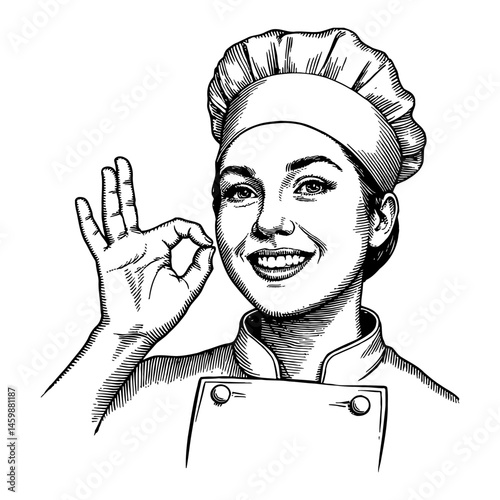 Woman Chef Wearing Hat with Okay Hand Pose Portrait Black and White Outline Line Art Drawing