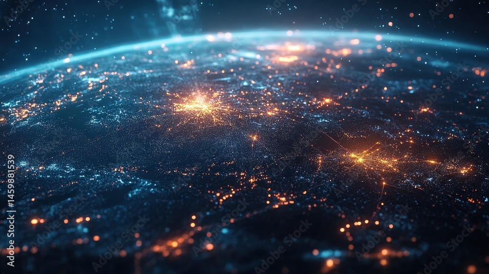 Aerial view of Earth at night with illuminated cities and interconnected networks. Concept of global communication, technology, and urbanization from space. Aerial view of Earth at night with illuminated cities and interconnected networks. Concept of global communication, technology, and urbanization from space.