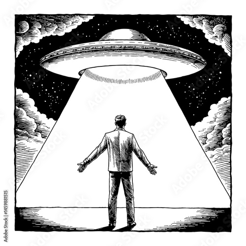 Man Abduction by UFO Flying Saucer Rays of Light Black and White Outline Line Art Drawing