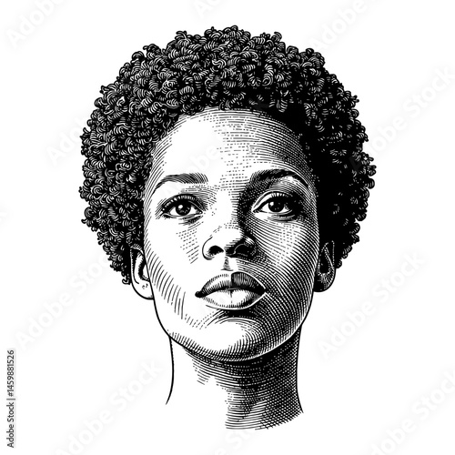 Portrait of Afro African Woman Front View Black and White Outline Line Art Drawing Portrait