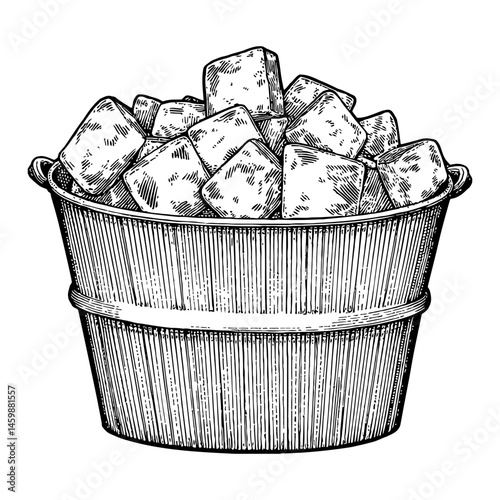 Ice Cubes in Bucket Black and White Outline Line Art Drawing Vector Illustration Isolated