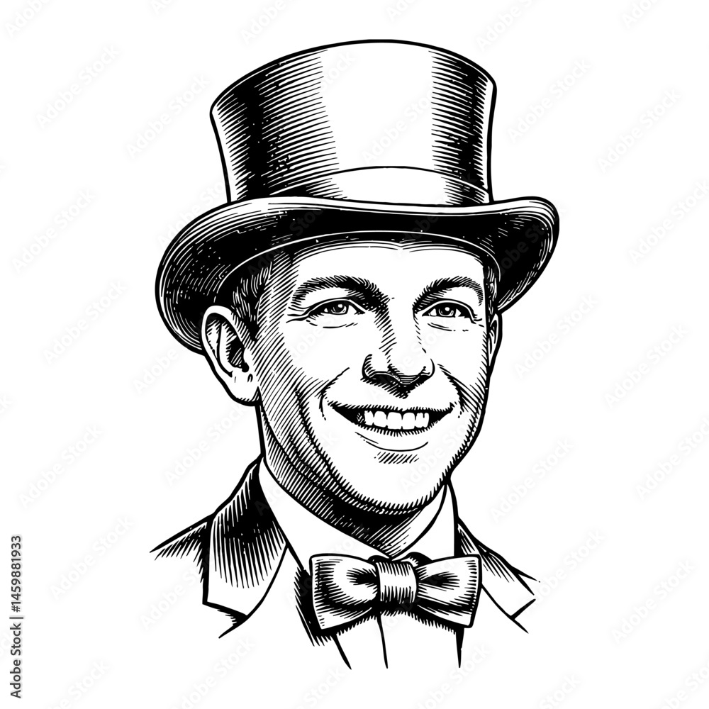 Handsome Smiling Young Man in Top Hat and Bowtie Black and White Outline Line Art Drawing