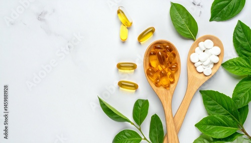 Wooden Spoons Hold Fish Oil and Vitamin Supplements Near Green Leaves on Marble