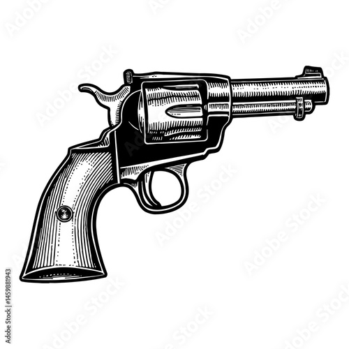 Revolver Pistol Black and White Outline Line Art Drawing of Firearm Weapon with Antique Style
