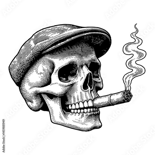 Skull Wearing Flat Cap and Smoking Cigar Black and White Outline Line Art Drawing