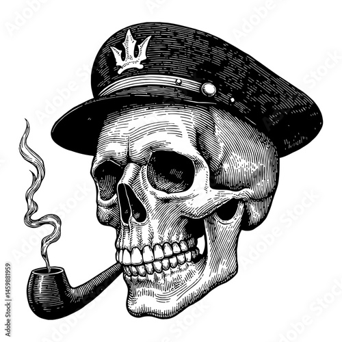 Skull Wearing Captain Hat and Smoking Pipe Vintage Black and White Outline Line Art Drawing