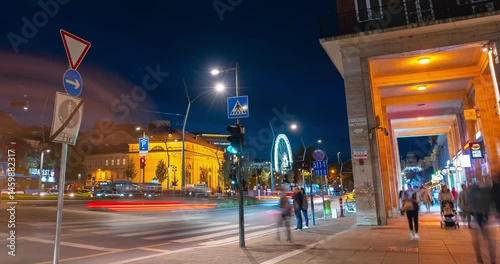 Budapest, Hungary - October 14, 2024: Evening Glow on Károly Boulevard: Budapest's Historic Circle Comes Alive at Dusk. Timelapse, zoom out transition.