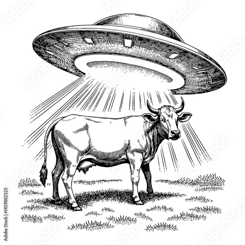 Cow Abduction by UFO Flying Saucer with Rays of Light Black and White Outline Line Art Drawing