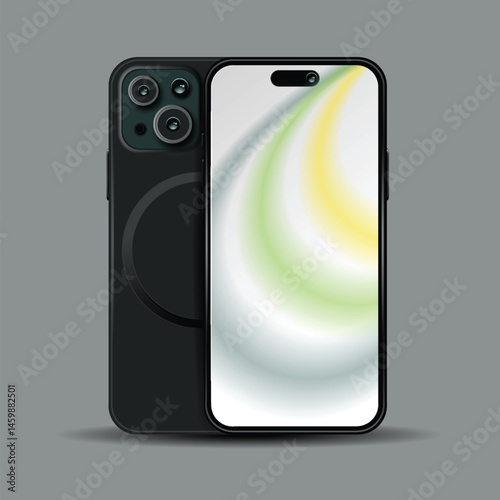 Set of two smartphones mockup, front and back view on gray background.