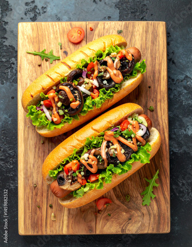 Portobello mushroom hot dogs on wooden board. Tasty fast food. Delicious snack. Top view.