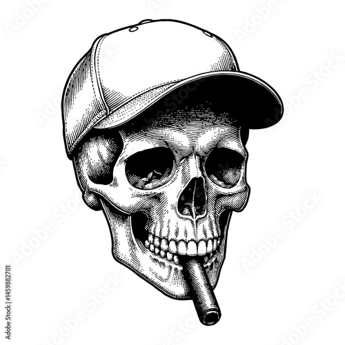 Skull Wearing Snapback and Smoking Cigar Black and White Outline Line Art Drawing Style