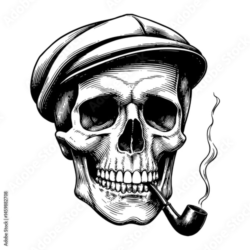 Skull Wearing Flat Cap and Smoking Pipe Black and White Outline Line Art Drawing