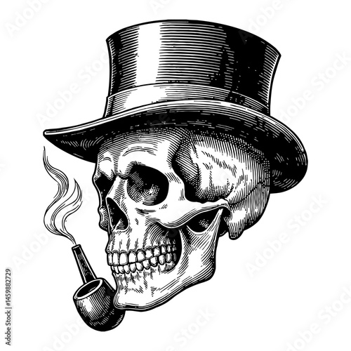 Skull Wearing Top Hat and Smoking Pipe Black and White Outline Line Art Drawing Illustration