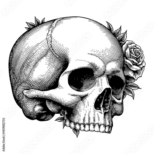 Skull with a Rose Black and White Outline Line Art Drawing Illustration Engraving Style