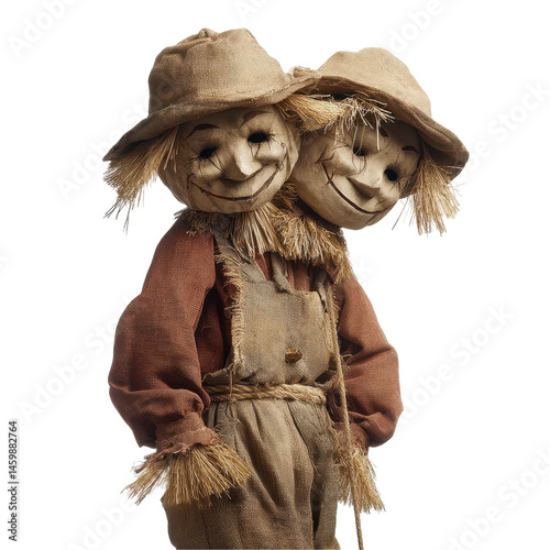 A unique two-headed scarecrow figure. transparent background
