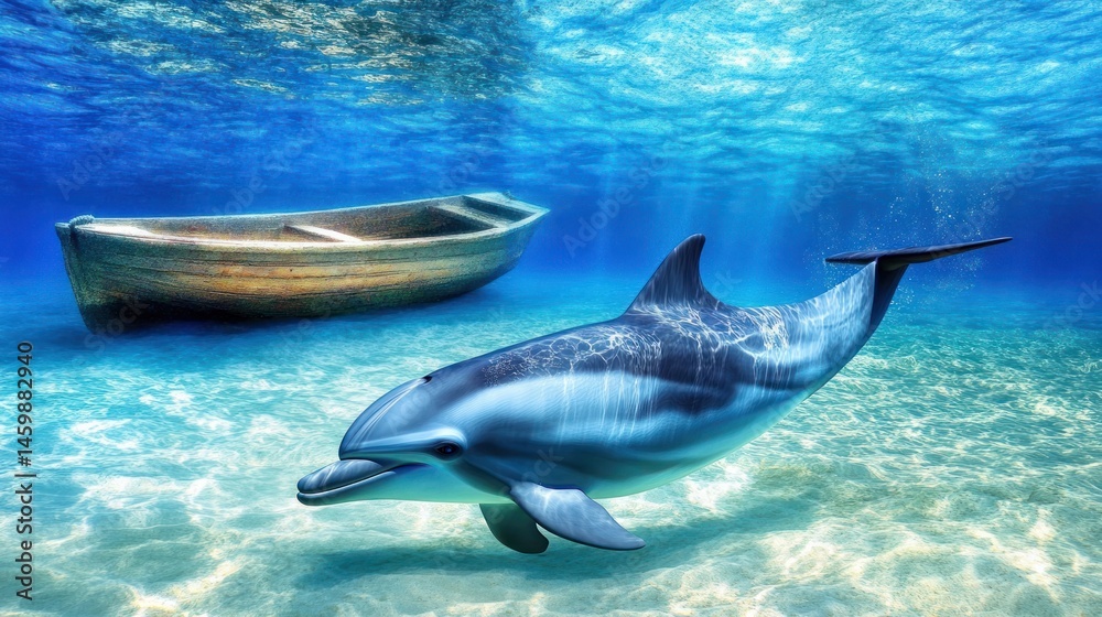 Fototapeta premium Dolphin swimming near an old wooden boat underwater.