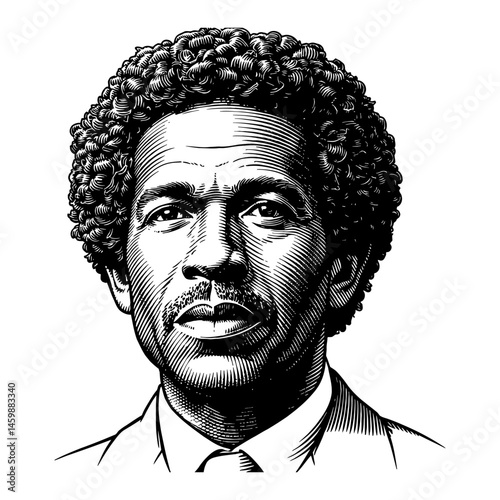 Afro African Man Portrait Detailed Engraving Black and White Outline Line Art Drawing