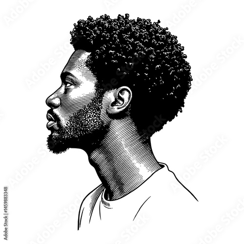 Afro African Man Side View Black and White Outline Line Art Drawing Illustration