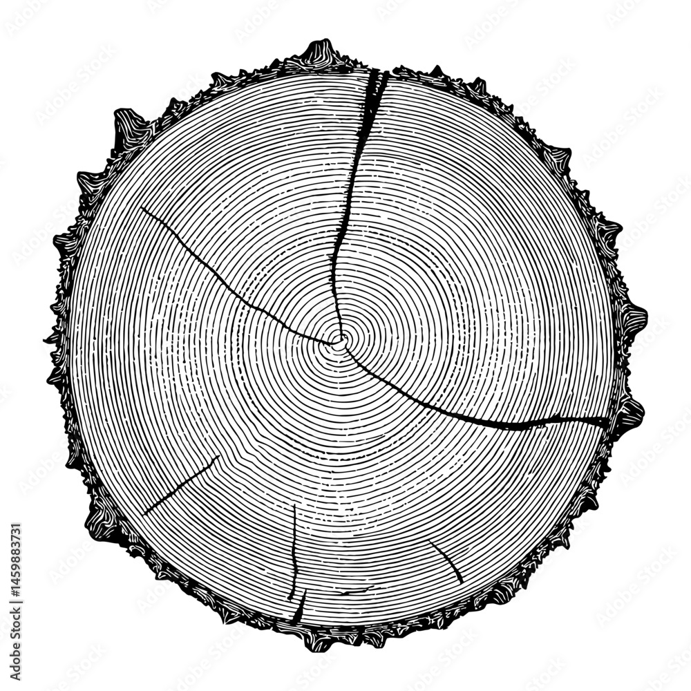 Tree Trunk Cross Section Black and White Outline Line Art Drawing of Wood Rings with Cracks