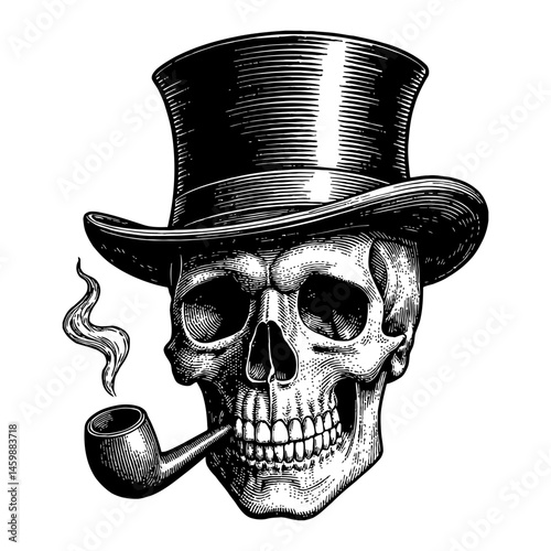 Skull Wearing Top Hat and Smoking Pipe Black and White Outline Line Art Drawing Illustration