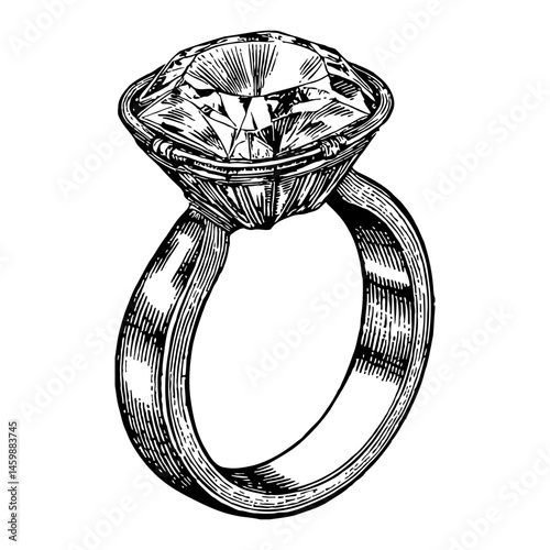 A Diamond Ring Close Up View Vintage Detailed Black and White Outline Line Art Drawing