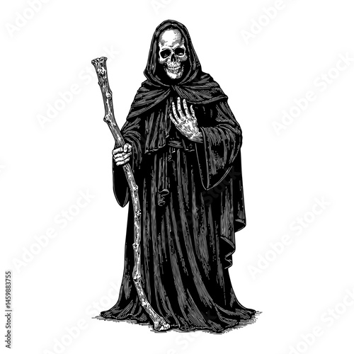 Standing Grim Reaper with Skull Face Wearing Black Robe Black and White Outline Line Art Drawing