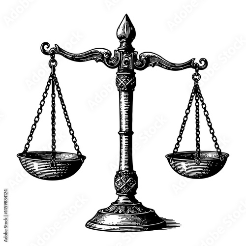 Balance Scale Justice Symbol Black and White Outline Line Art Drawing Illustration