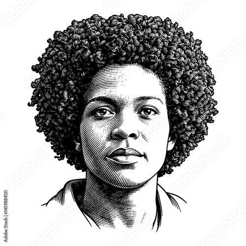 Portrait of Curly African Man in Black and White Outline Line Art Drawing Style Engraving