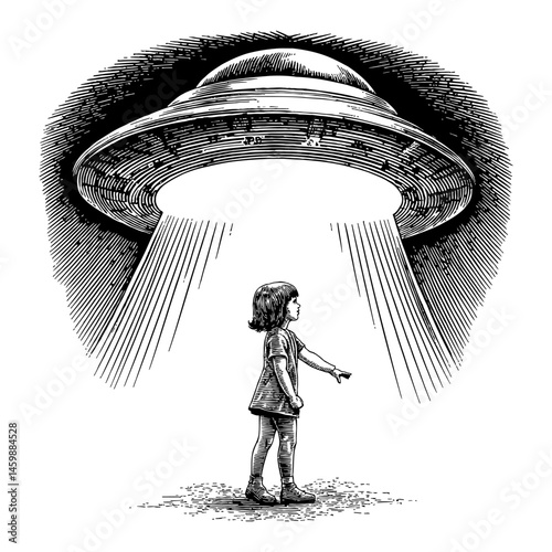 Little Girl Abduction by UFO Flying Saucer Rays of Light Black and White Outline Line Art Drawing