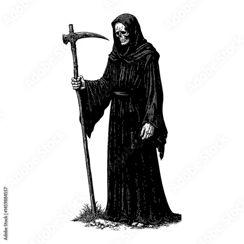 Standing Grim Reaper with Skull Face Wearing Black Robe Black and White Outline Line Art Drawing