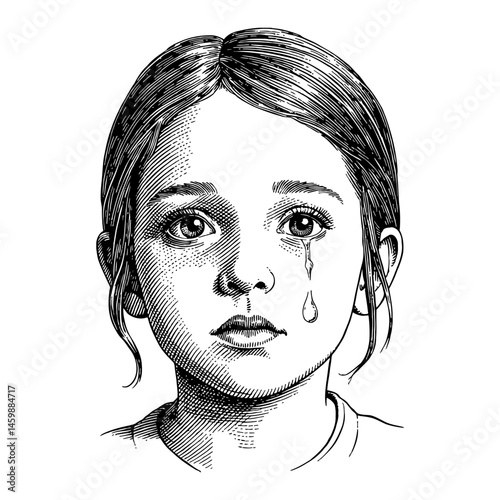 Arabian Girl with Flat Face and Tears Black and White Outline Line Art Vector Drawing Illustration