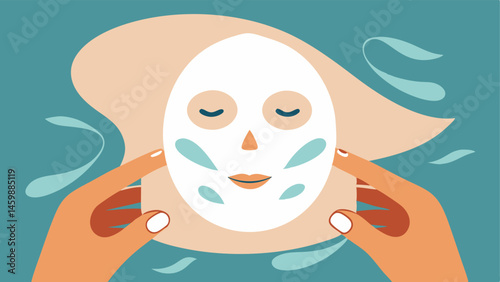 Gentle Application A closeup of hands delicately placing a sheet mask on a face with artistic swirls representing the infusion of exosomes into the skin.