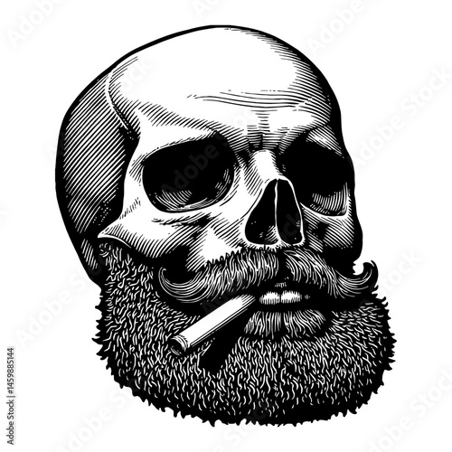 Skull with Beard and Cigarette in Mouth Black and White Outline Line Art Drawing