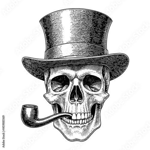 Skull Wearing Top Hat and Smoking Pipe Black and White Outline Line Art Drawing Illustration