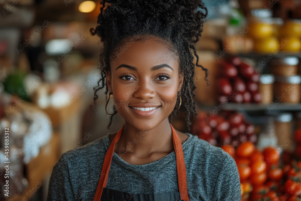 Smiling young woman working in a market surrounded by fresh produce Smiling young woman working in a market surrounded by fresh produce