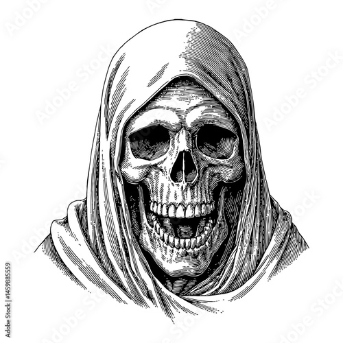 Grim Reaper Skull Head in Hood Black and White Outline Line Art Drawing Detail Engraving Portrait