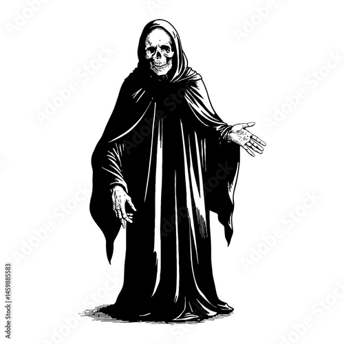 A Standing Grim Reaper with Skull Face Wearing Black Robe Black and White Outline Line Art Drawing