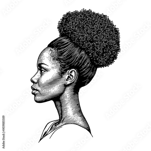 Afro African Woman Side View Black and White Outline Line Art Drawing in Engraving Style