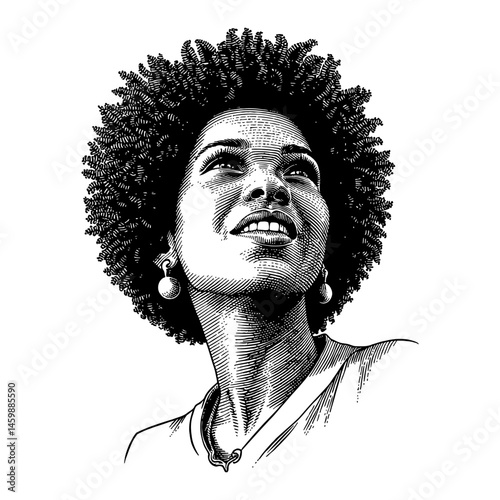 African Woman Portrait Looking Upward Black and White Outline Line Art Drawing Illustration