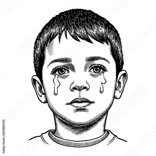 Crying Arabian Boy with Flat Face Portrait Close up in Black and White Outline Line Art Drawing