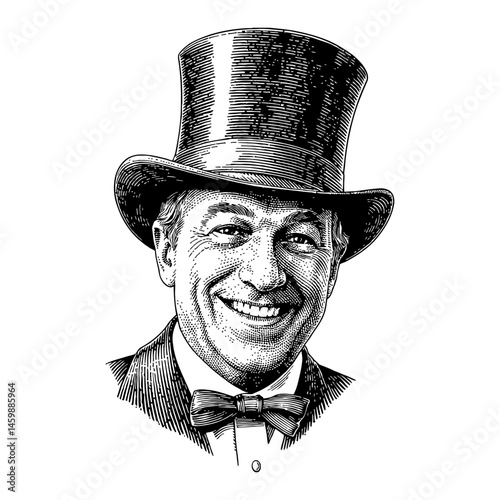 Handsome Smiling Man in Top Hat and Bowtie Black and White Outline Line Art Drawing
