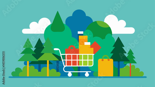 Nature and Waste A vibrant illustration of a healthy forest on one side and a shopping cart overflowing with discarded bags and packaging on the other.