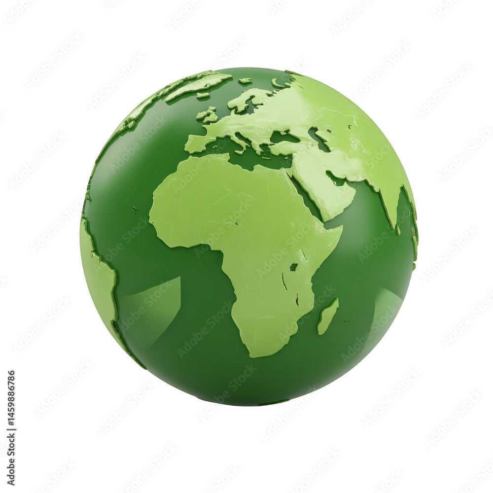 Naklejka premium Green globe with focus on Africa and Europe, symbolizing environmental awareness and sustainability. glossy surface adds modern touch, highlighting global unity