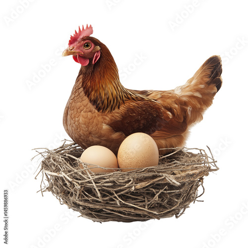 Chicken sitting on eggs in a nest PNG on a transparent background 