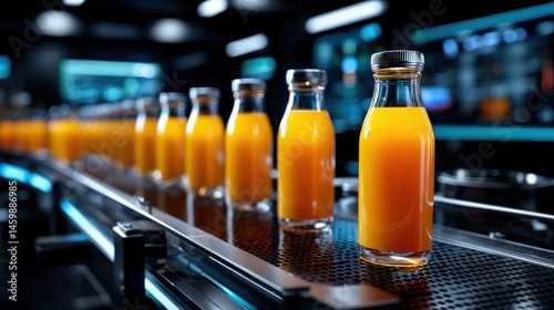 Orange juice bottles moving on conveyor belt in factory