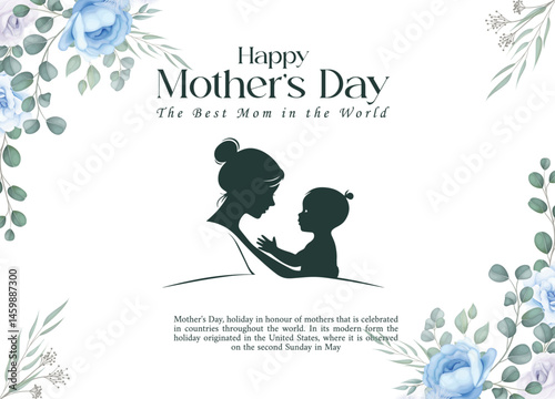 Happy Mother's Day Floral Greeting Card, Mother's Day Post with Watercolor Art, Elegant Mom and Child Silhouette Design, Floral Mother's Day Greeting Illustration, Sentimental Mother's Day Card Design